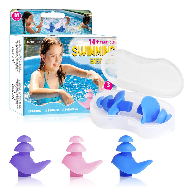 Aquaproof Plus Teenager - Hearprotek 3 Pairs Swimming Ear Plugs for Teenagers (Purple, Pink, Blue)