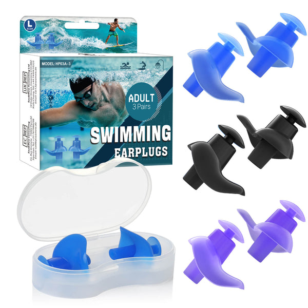 AquaResist Basic - Hearprotek 3 Pairs Waterproof Silicone Swimming Ear Plugs for Adults (Black,Blue,Purple)