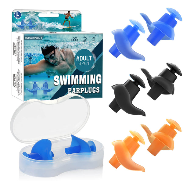 AquaResist Basic - Hearprotek 3 Pairs Waterproof Silicone Swimming Ear Plugs for Adults (Black,Blue,Orange)