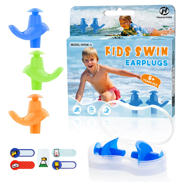 AquaResist Kids - Hearprotek 3 Pairs Waterproof Reusable Swimming Ear Plugs for Kids (Blue,Orange,Green)