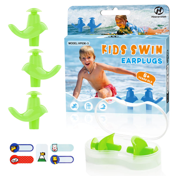 AquaResist Kids - Hearprotek 3 Pairs Waterproof Reusable Swimming Ear Plugs for Kids (Green)