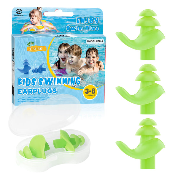 Aquaproof Plus Kids - Hearprotek 3 Pairs Soft Silicone Swimming Ear Plugs for Kids (Green)